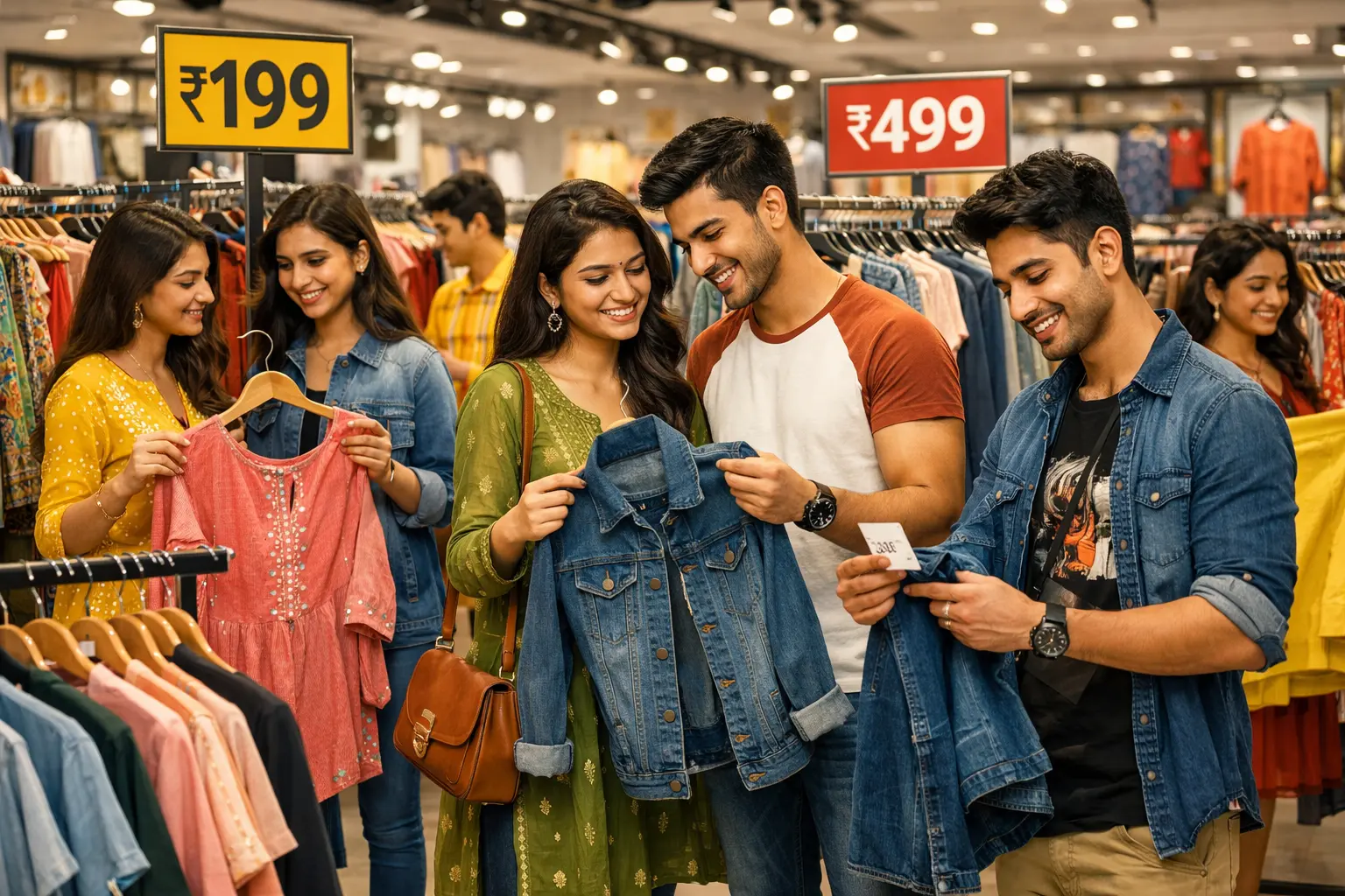 Young Indian men and women shopping for affordable fashion in a modern clothing store with budget price tags ₹199 and ₹499.