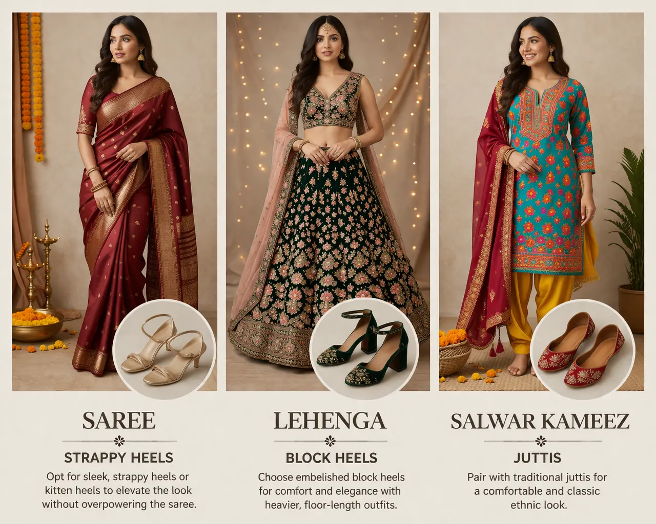 Shoe pairing guide for ethnic wear — saree, lehenga, and salwar kameez combinations