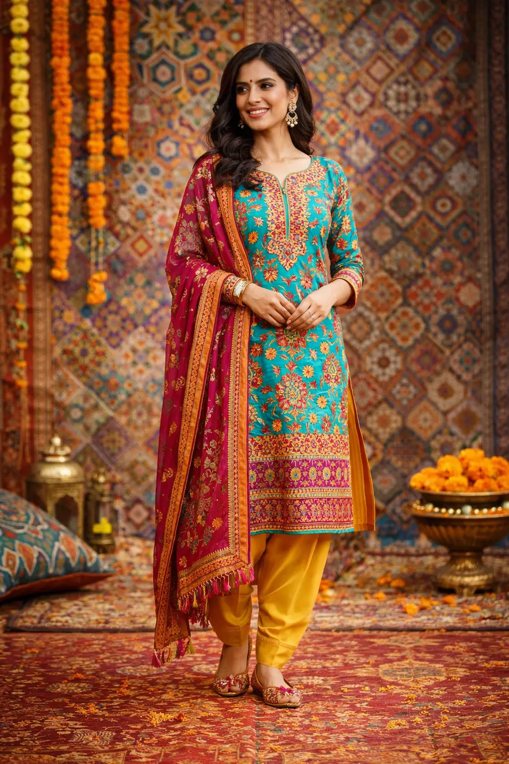 Woman wearing embroidered juttis with salwar kameez ethnic wear