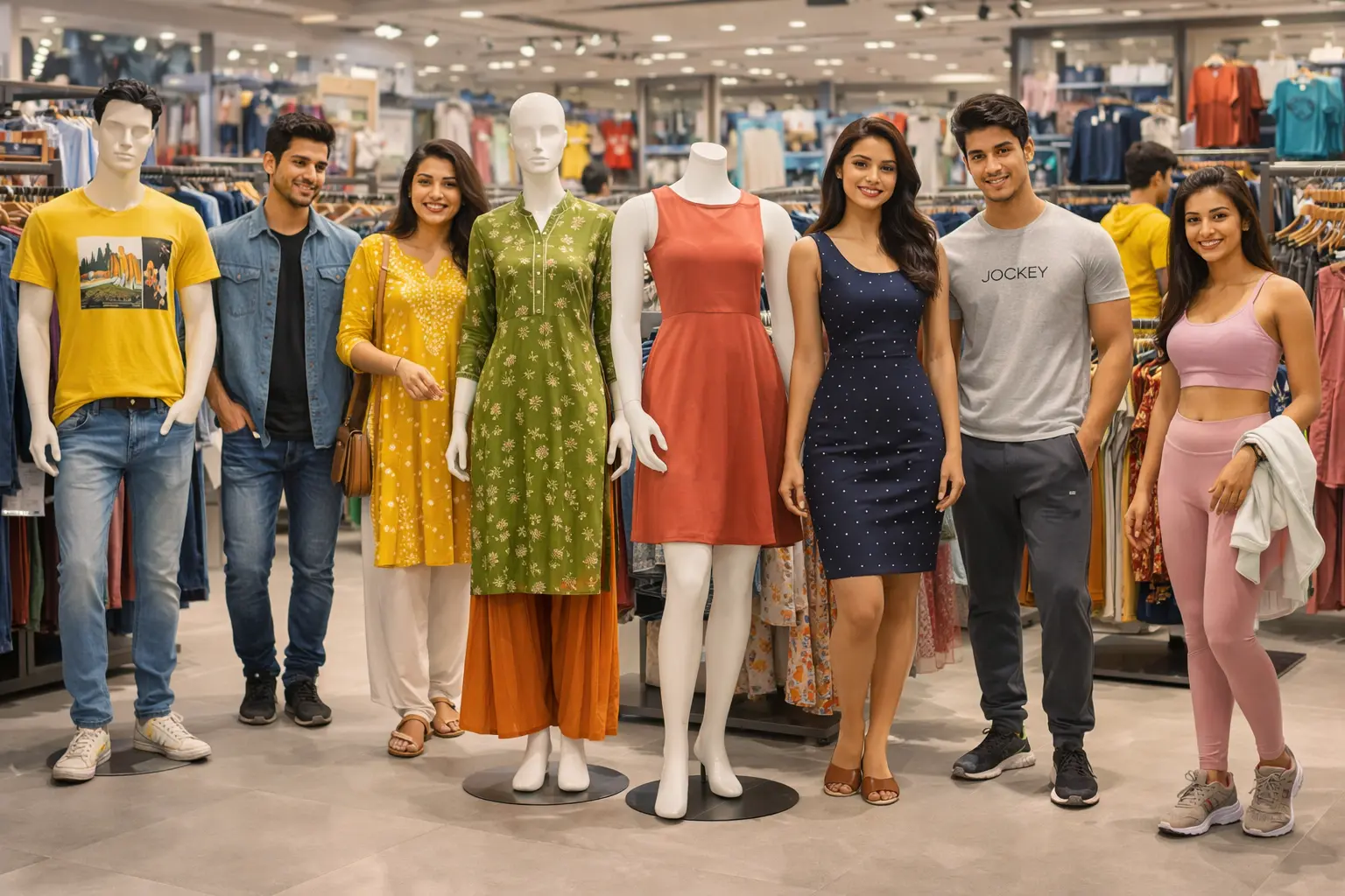 Different affordable fashion styles in India including jeans, kurtas, dresses, and athleisure displayed in a modern clothing store.