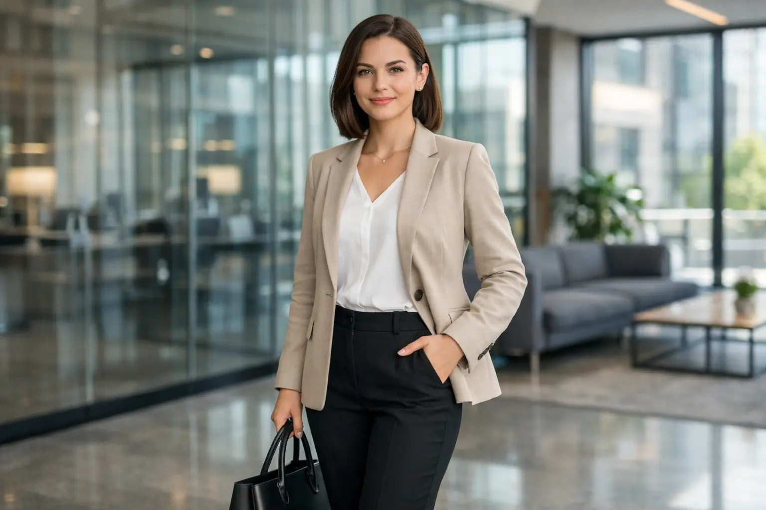 budget-friendly office wear outfit for women in a modern corporate office