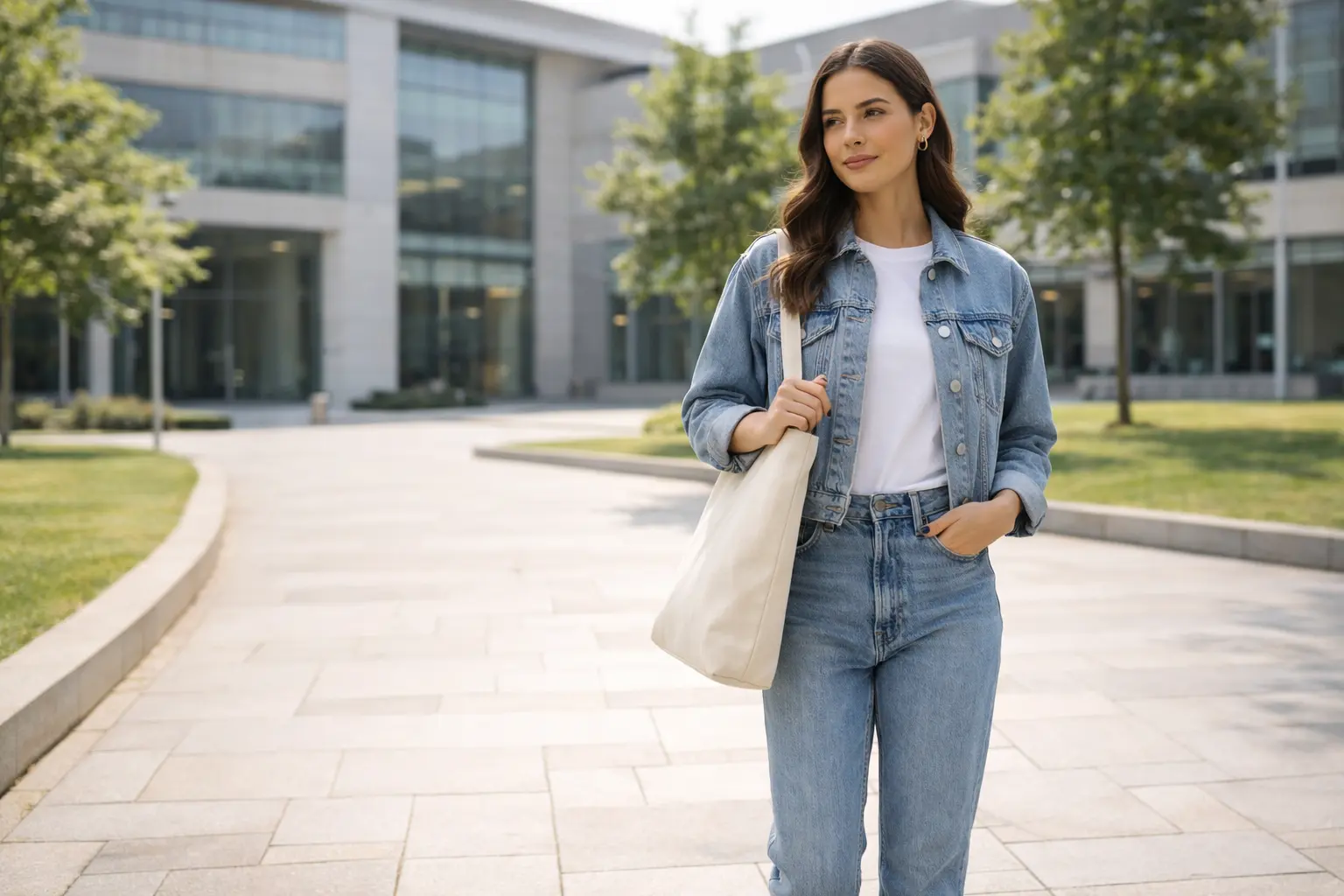 Casual college outfit for girls with denim jacket and sneakers