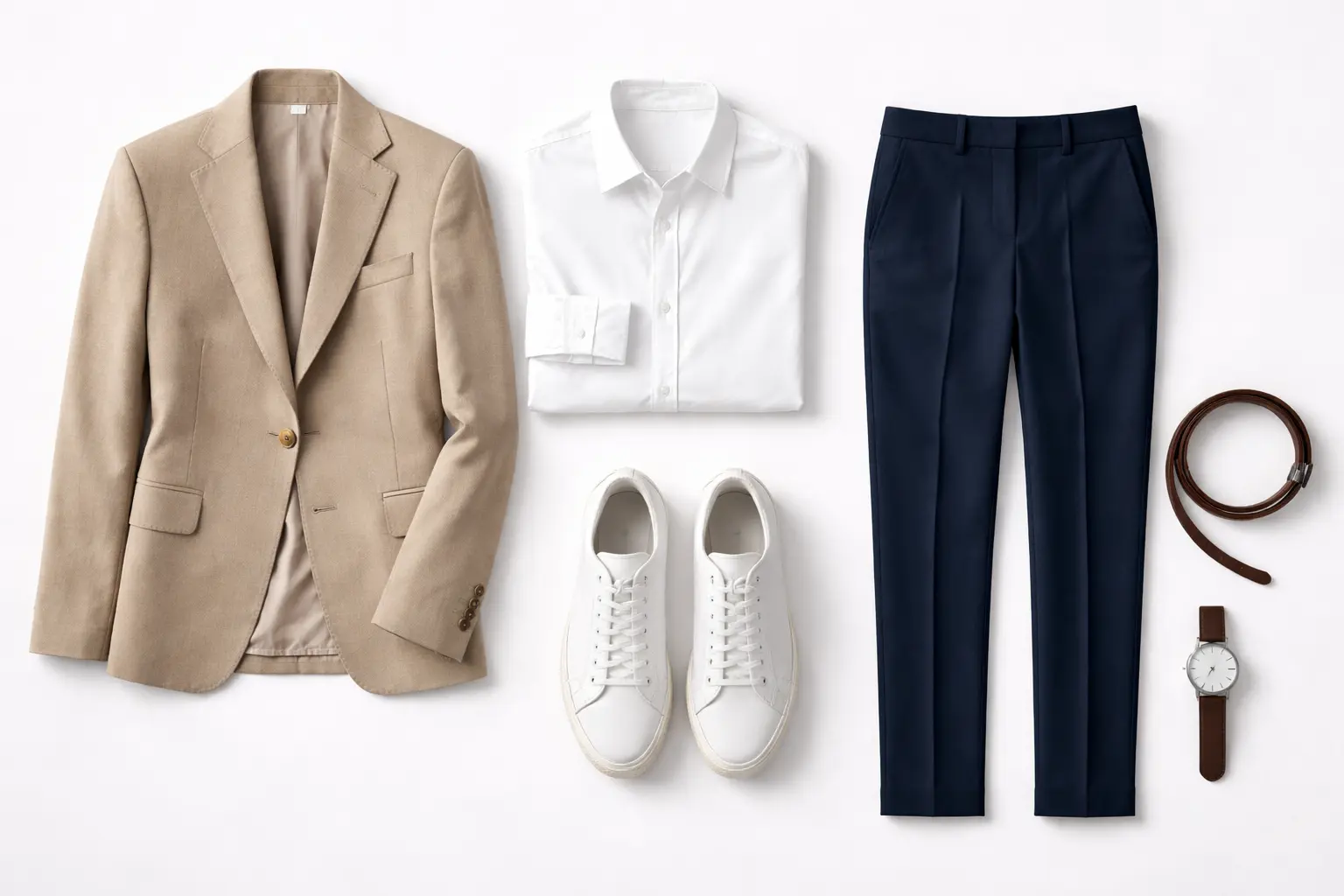 minimal capsule wardrobe flat lay with neutral office wear essentials