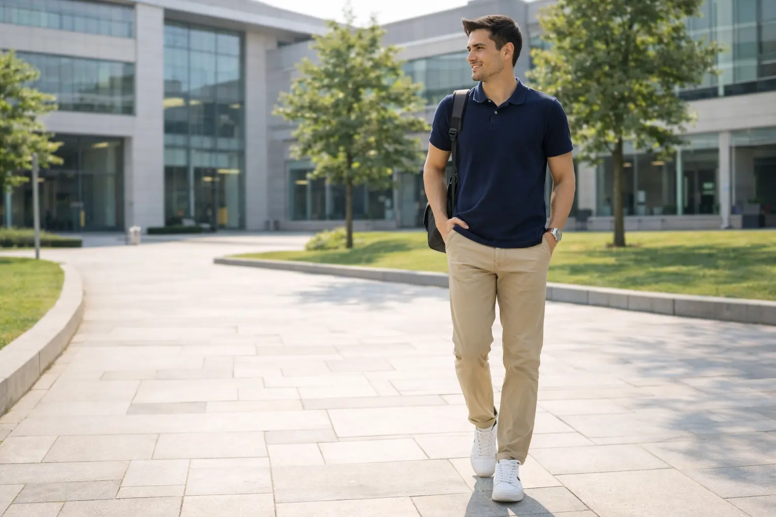 Smart casual college outfit for boys with chinos and polo shirt
