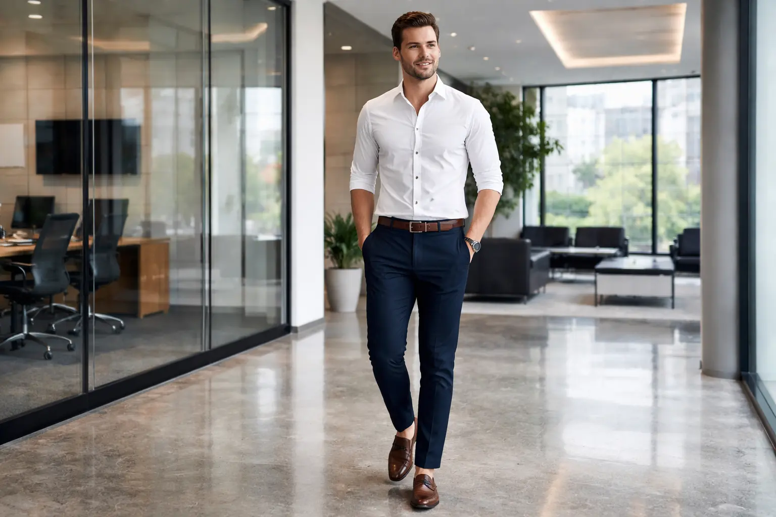 smart casual office wear outfit for men with navy chinos and white shirt