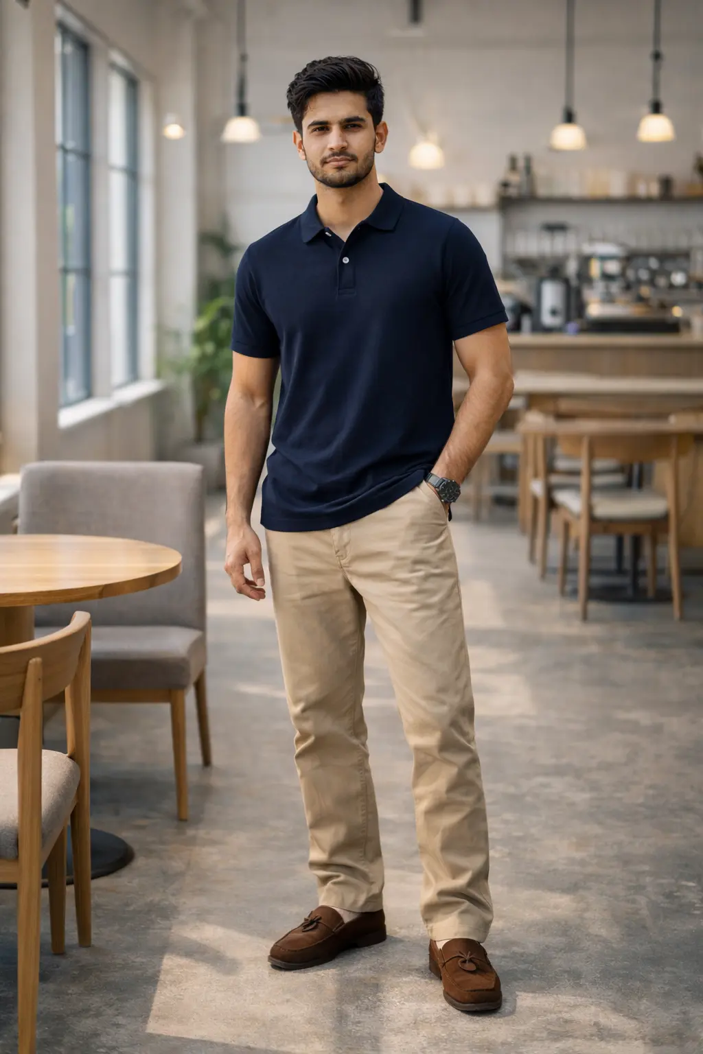 Indian man wearing a navy polo t-shirt and beige chinos in a café, showcasing a smart casual outfit.