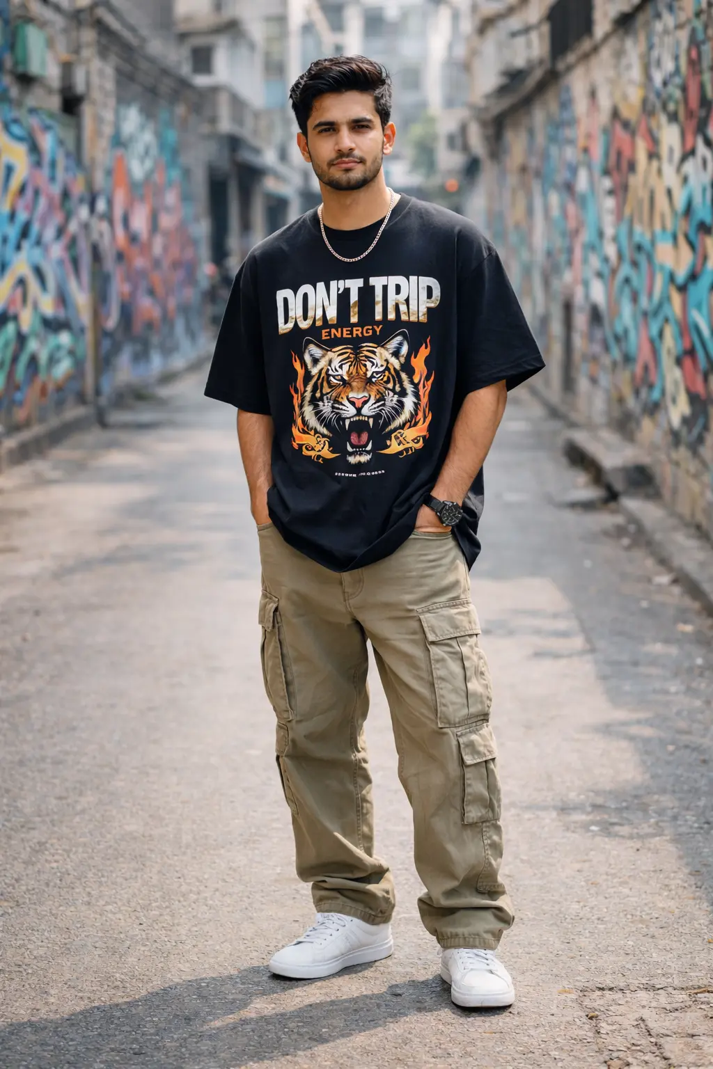 Young Indian man in oversized graphic t-shirt and cargo pants standing in a graffiti streetwear environment.