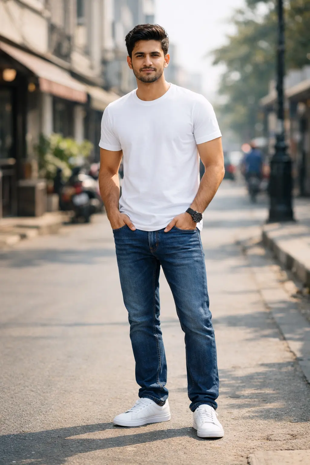 Young Indian man wearing a plain white t-shirt and jeans in a casual street setting with a minimalist fashion look.
