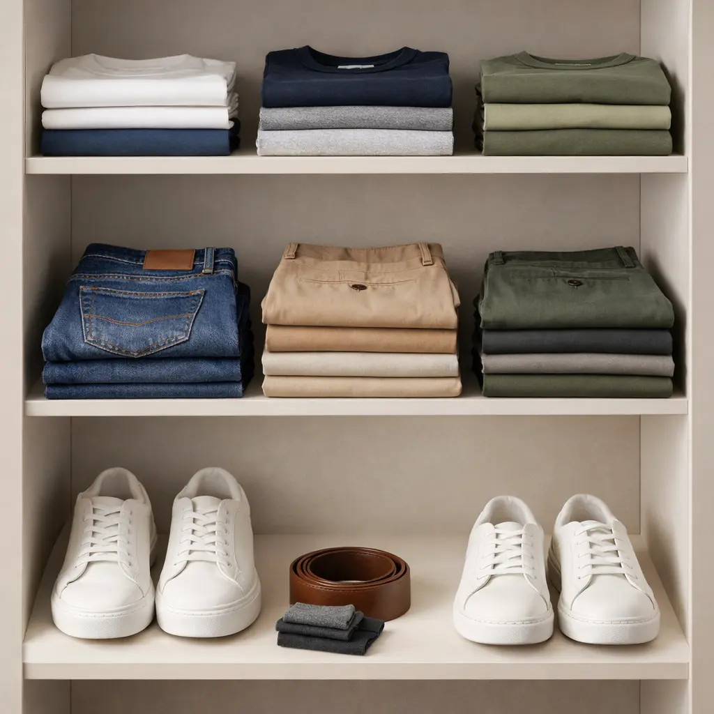 Organized men capsule wardrobe with folded t-shirts, jeans, chinos and white sneakers in neutral colors India