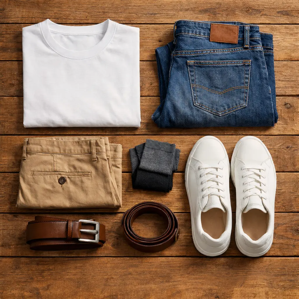 Organized men capsule wardrobe with folded t-shirts, jeans, chinos and white sneakers in neutral colors India