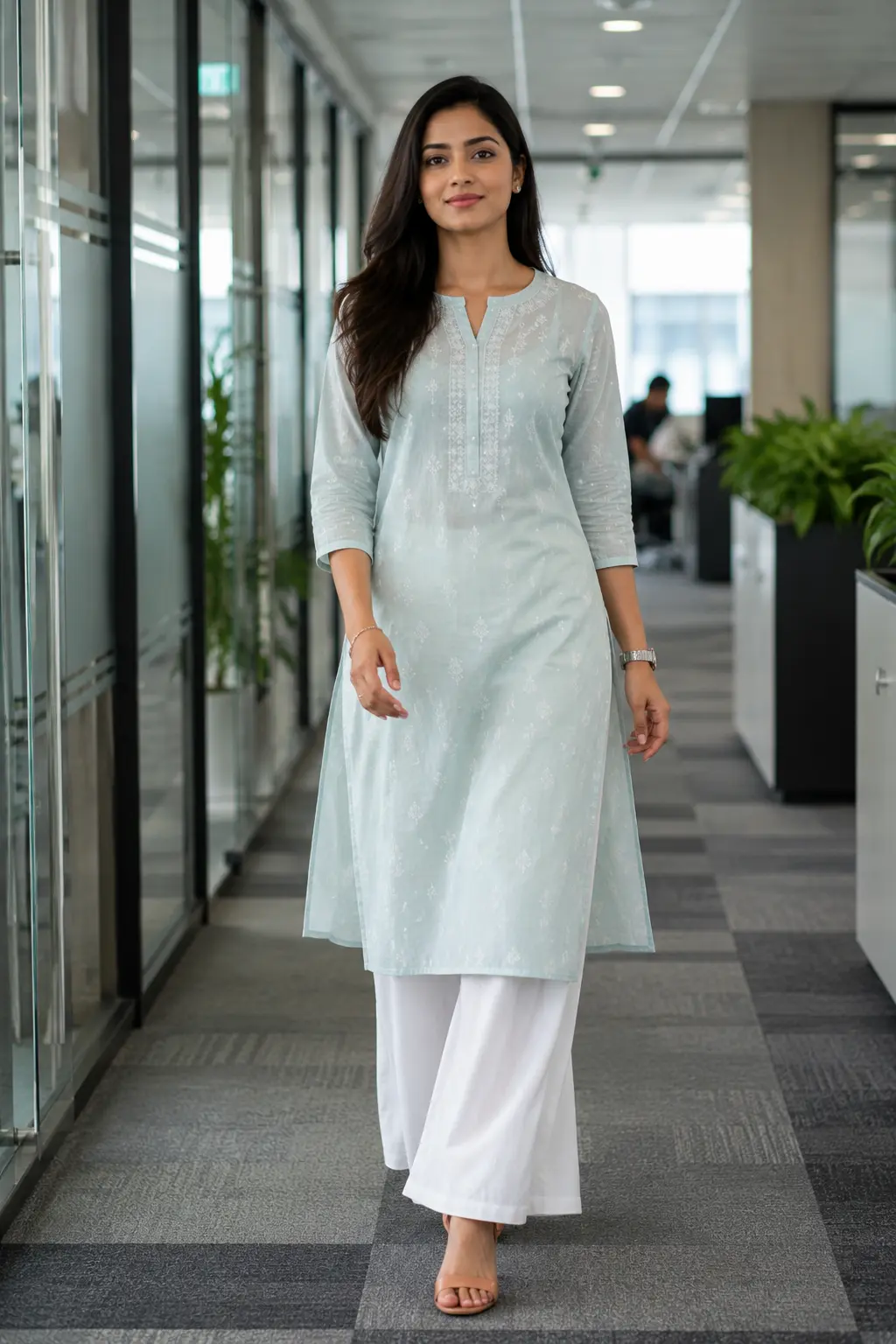 Woman wearing a straight-cut cotton kurti with palazzo pants for office wear