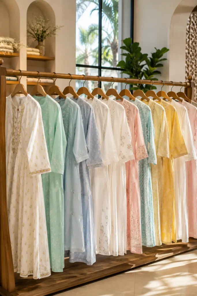 Premium collection of breathable cotton kurtis for women displayed in a modern fashion boutique
